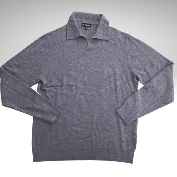 NEIMAN MARCUS Gray Cashmere V Neck With Collar Sweater - Extra Large - Picture 1 of 5